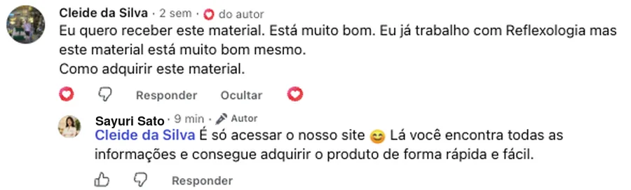 Print de mensagem de uma cliente sobre o material de reflexologia podal