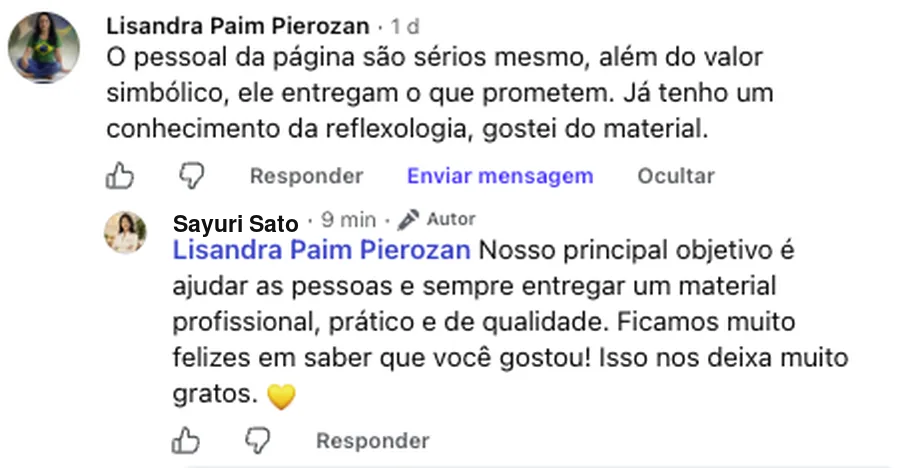 Print de mensagem de uma cliente sobre o material de reflexologia podal