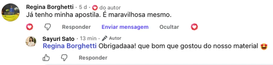 Print de mensagem de uma cliente sobre o material de reflexologia podal