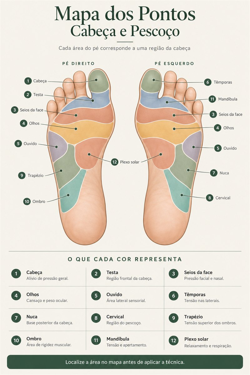 Mapa dos pés com os pontos reflexos da cabeça e do pescoço