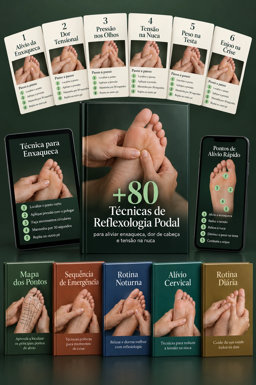 Material +80 Técnicas de Reflexologia Podal para enxaqueca e dor de cabeça, com fichas ilustradas e bônus